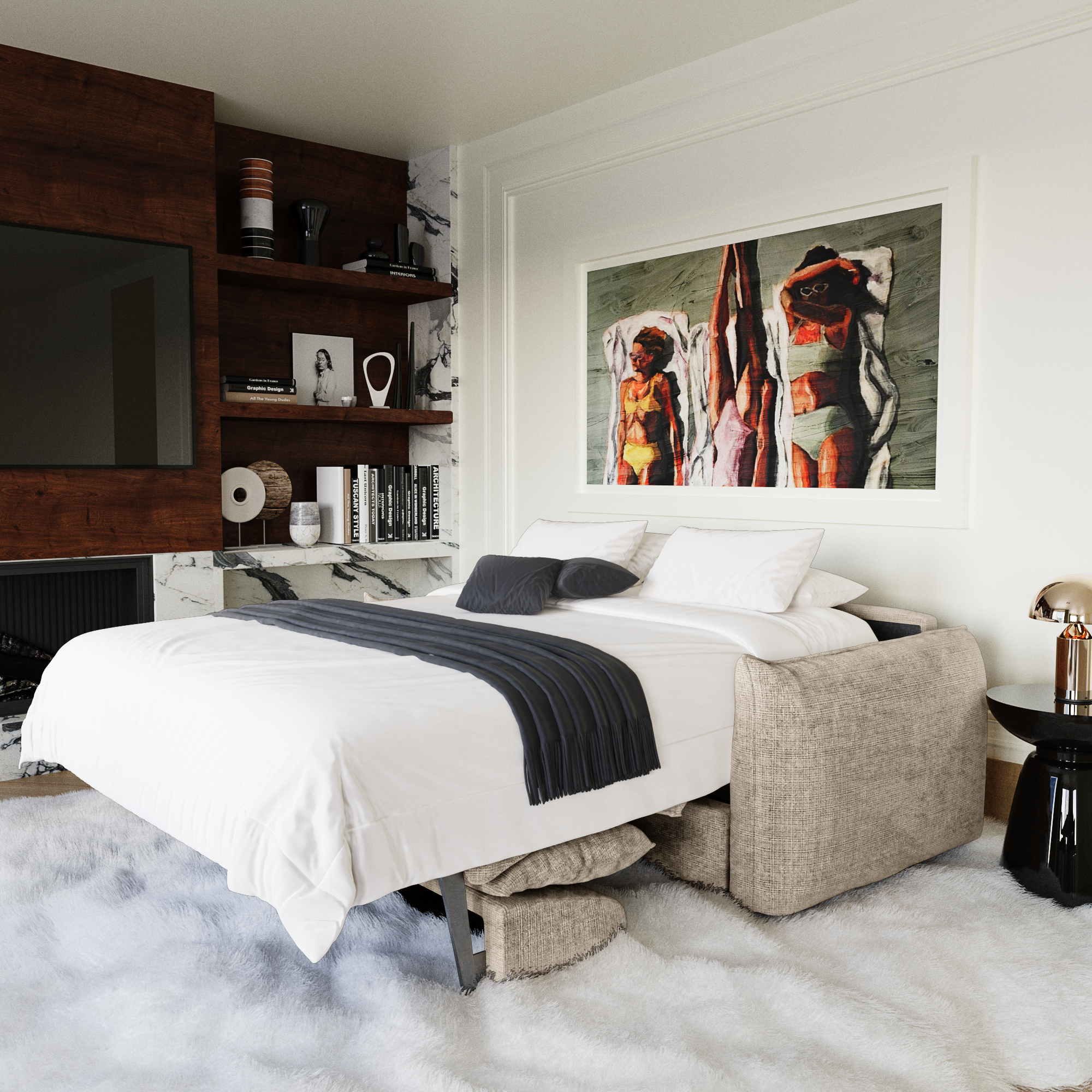 Canapé convertible express confortable déplié en couchage, alliant confort, élégance et intégration harmonieuse dans un intérieur contemporain