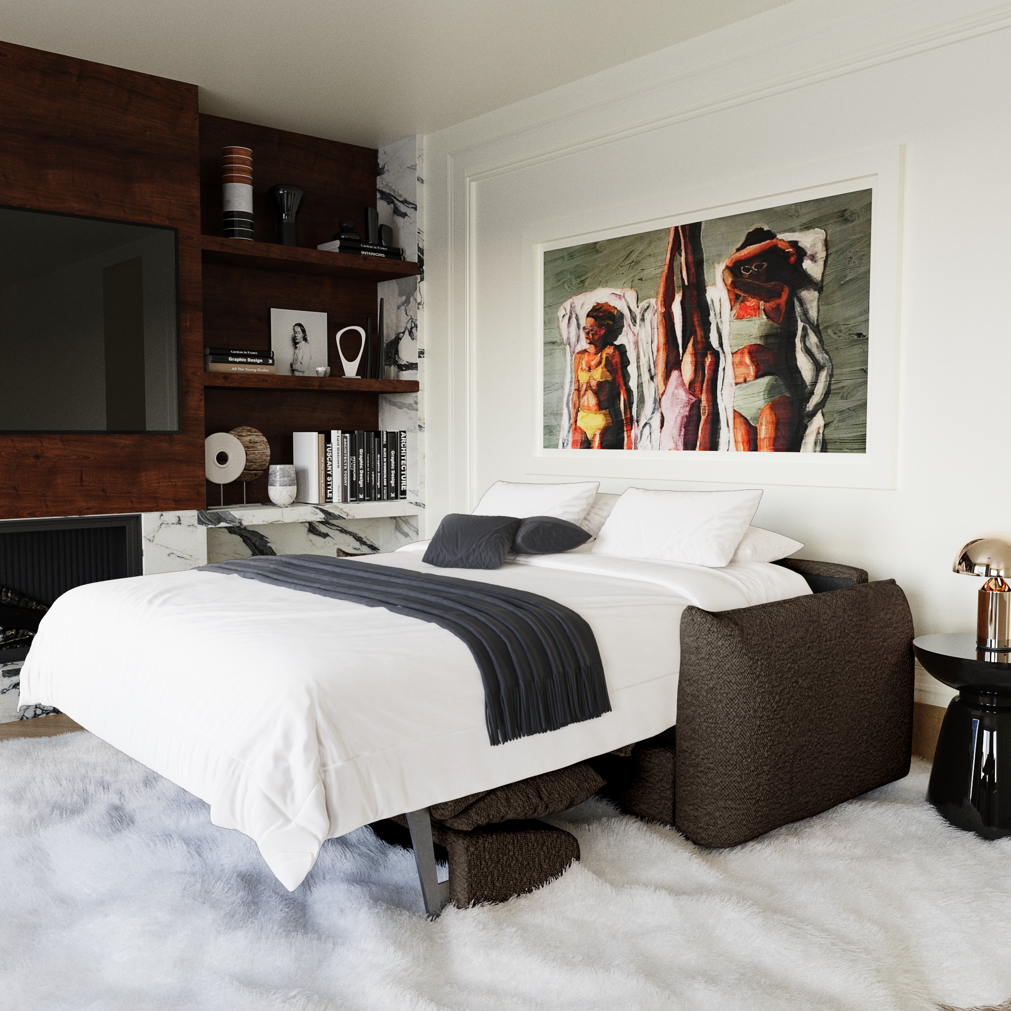 Canapé convertible déplié en lit dans un espace de vie multifonction élégant