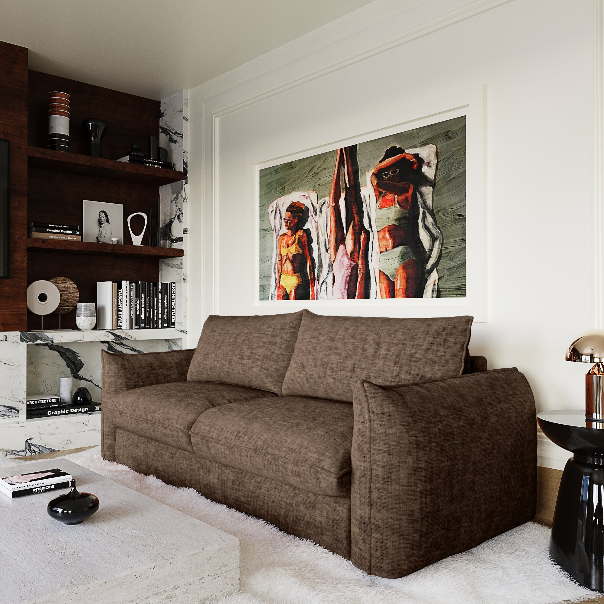 Salon au style classique avec un canapé brun, une table basse en pierre, une étagère en bois et des moulures murales