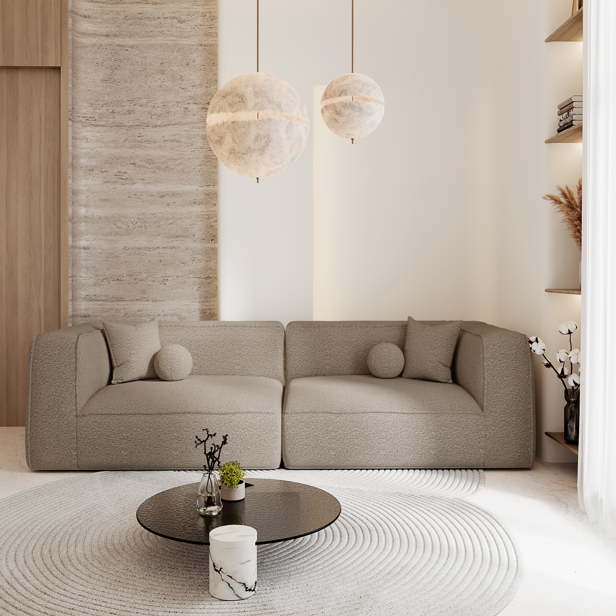 Canapé 4 places en tissu taupe, dans un salon minimaliste et épuré, avec une table basse ronde en verre