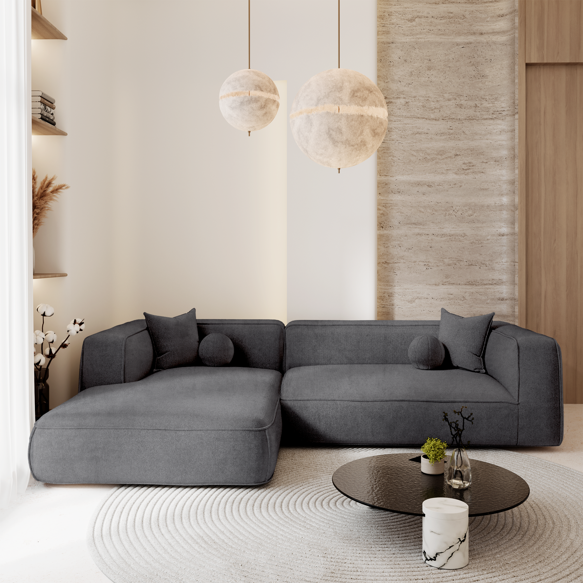 Canapé d'angle gauche en tissu tramé gris, au centre d'un décor contemporain