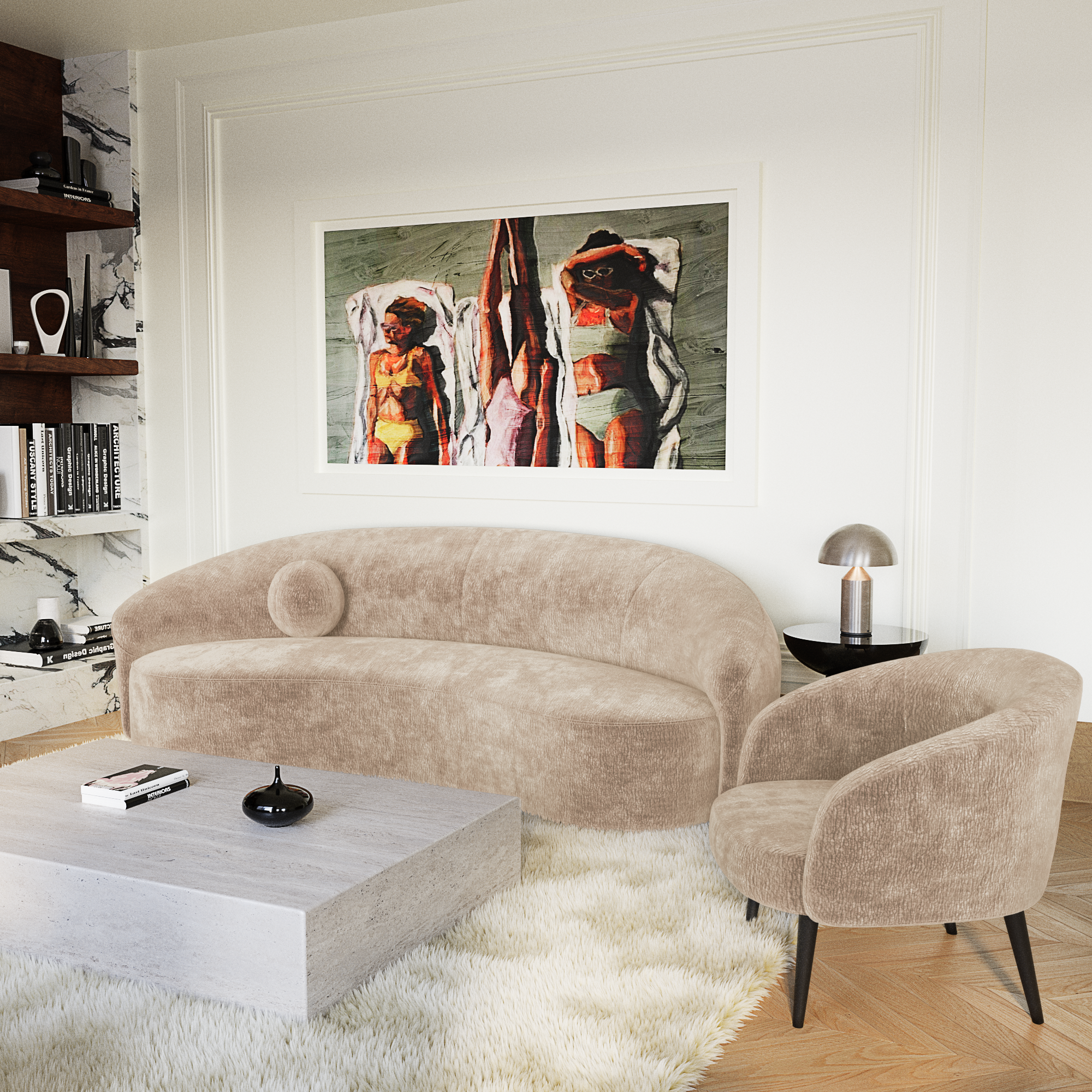 Canapé 3 places aux courbes arrondies, en velours beige, avec son fauteuil assorti, dans un salon à la décoration contemporaine