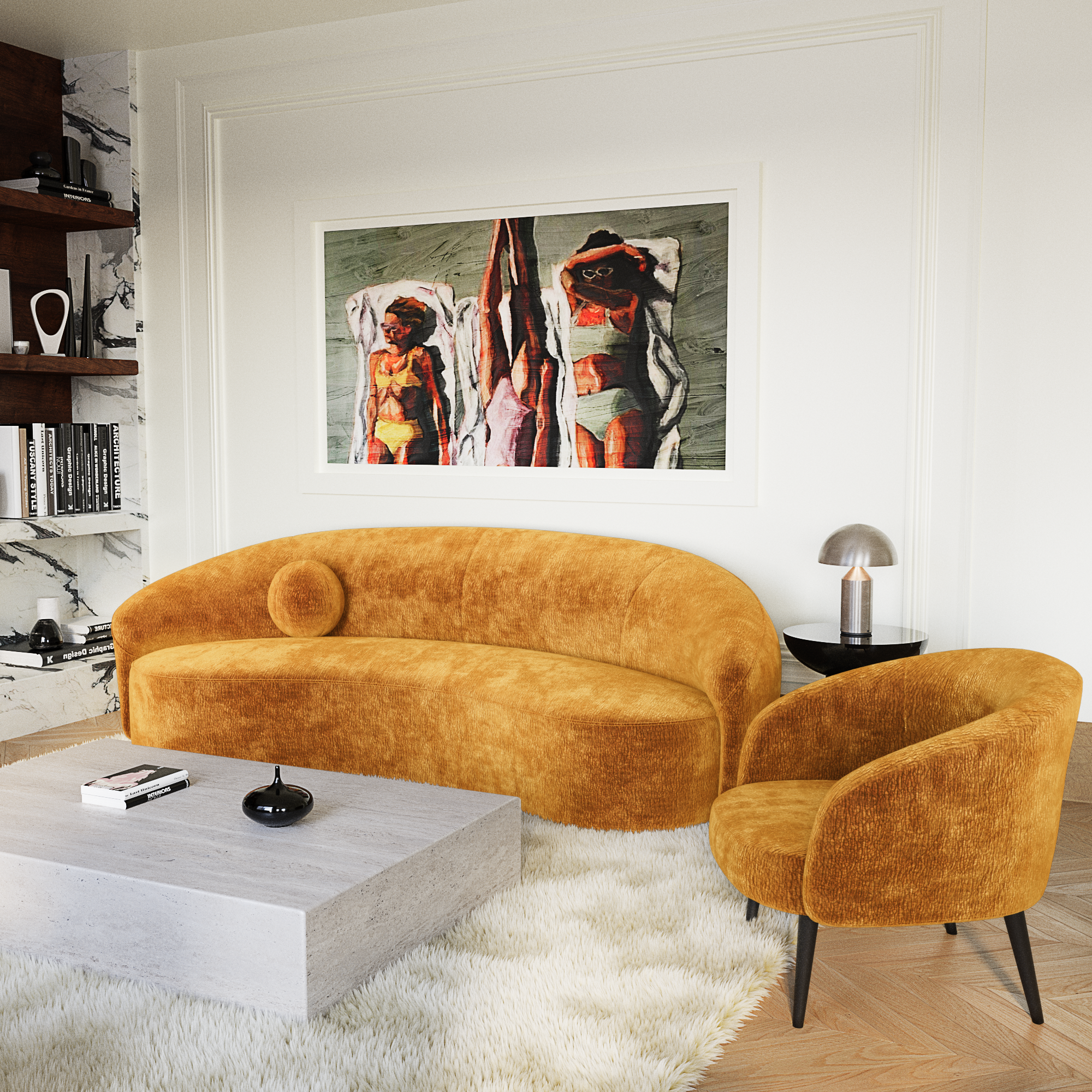 Fauteuil et canapé en velours jaune moutarde, dans un salon design