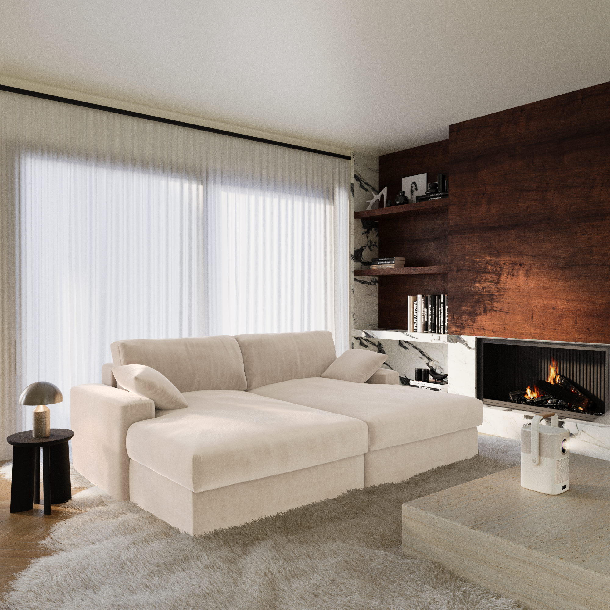 Canapé modulable en velours crème, positionné à proximité d'une cheminée, dans un intérieur chaleureux