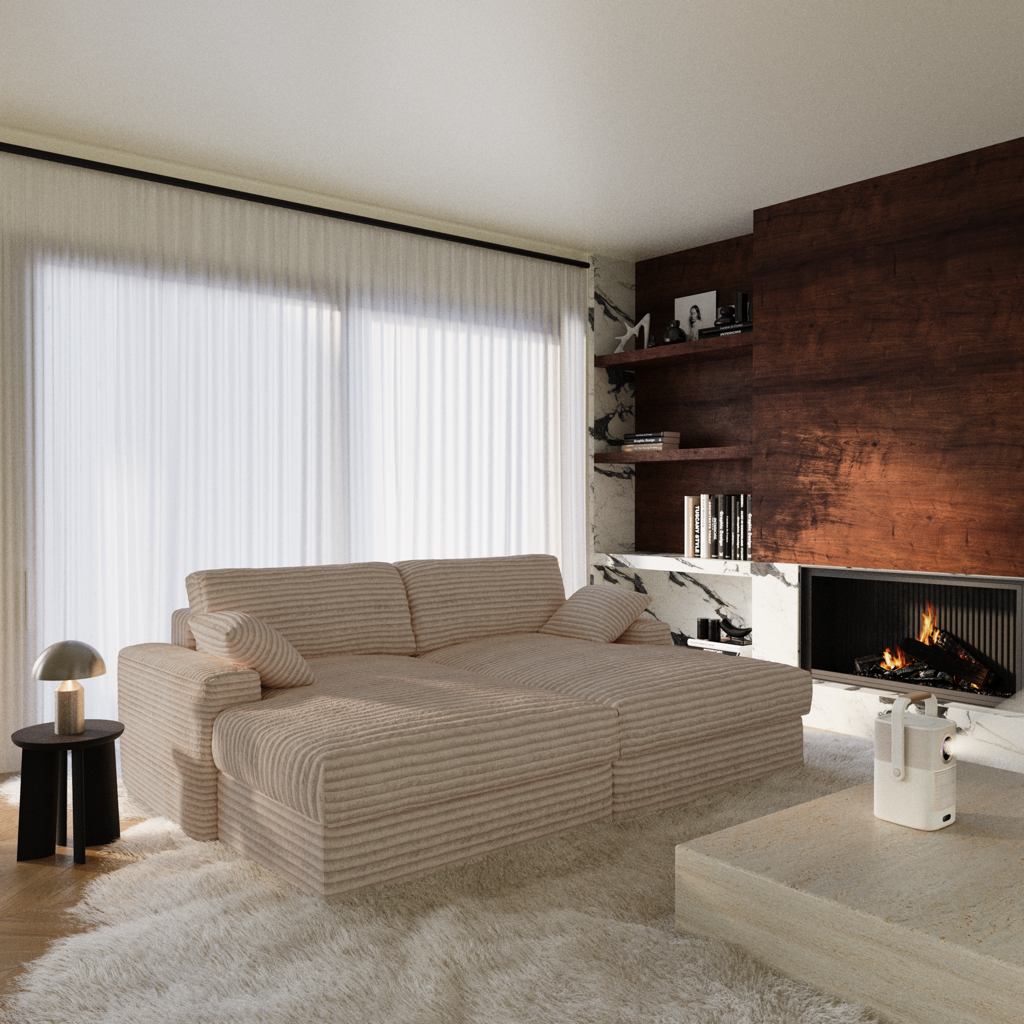 Canapé modulable en velours côtelé XXL beige, dans un salon chaleureux