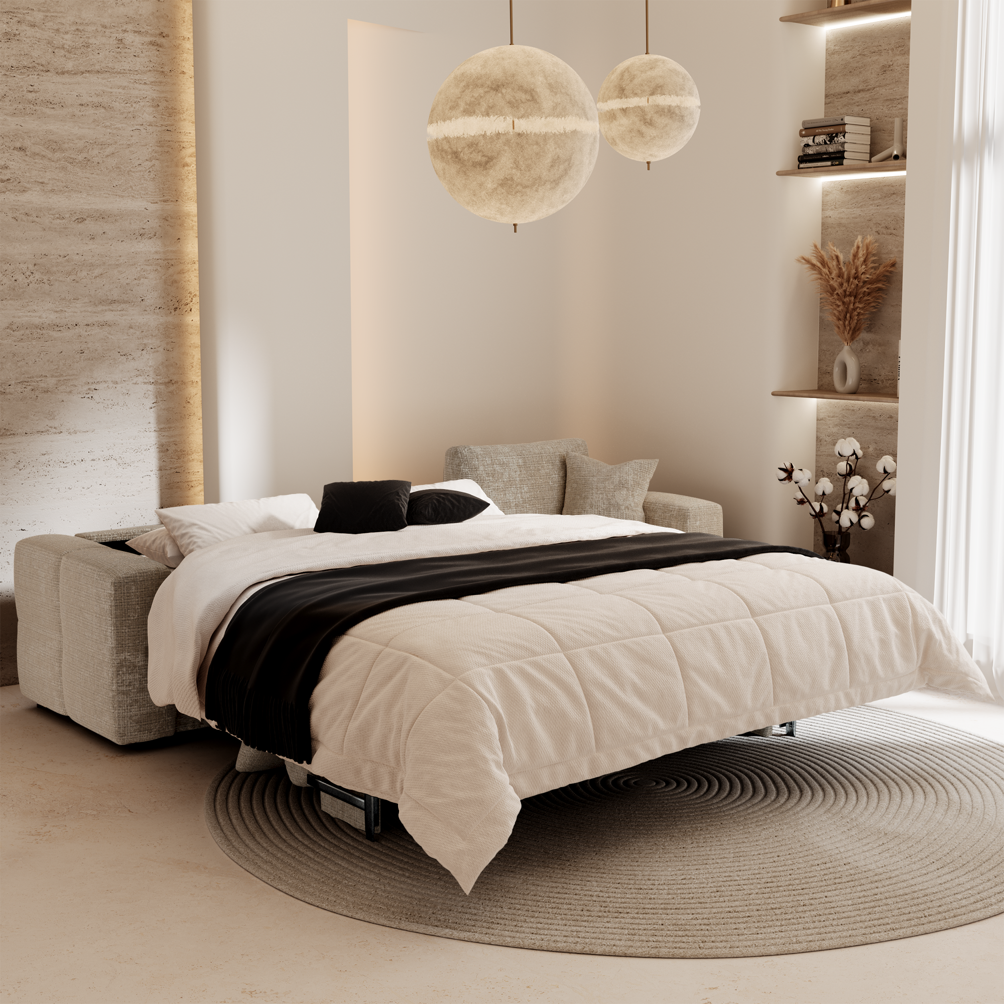 Canapé convertible déplié en lit dans un salon lumineux aménagé en chambre d'appoint élégante