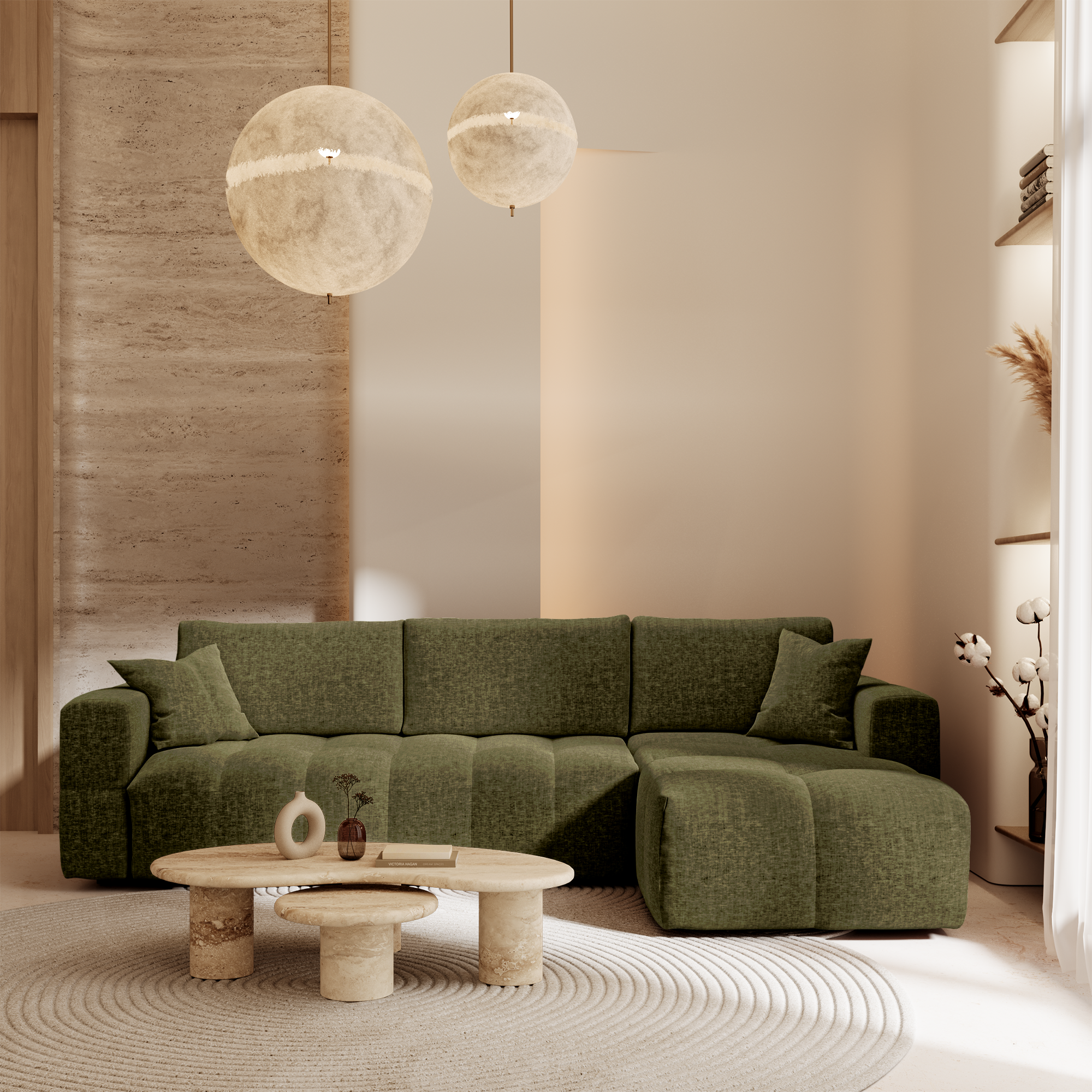 Canapé d'angle en tissu bouclette vert olive, parfaitement intégré dans un salon minimaliste aux lignes douces et au mobilier sculptural