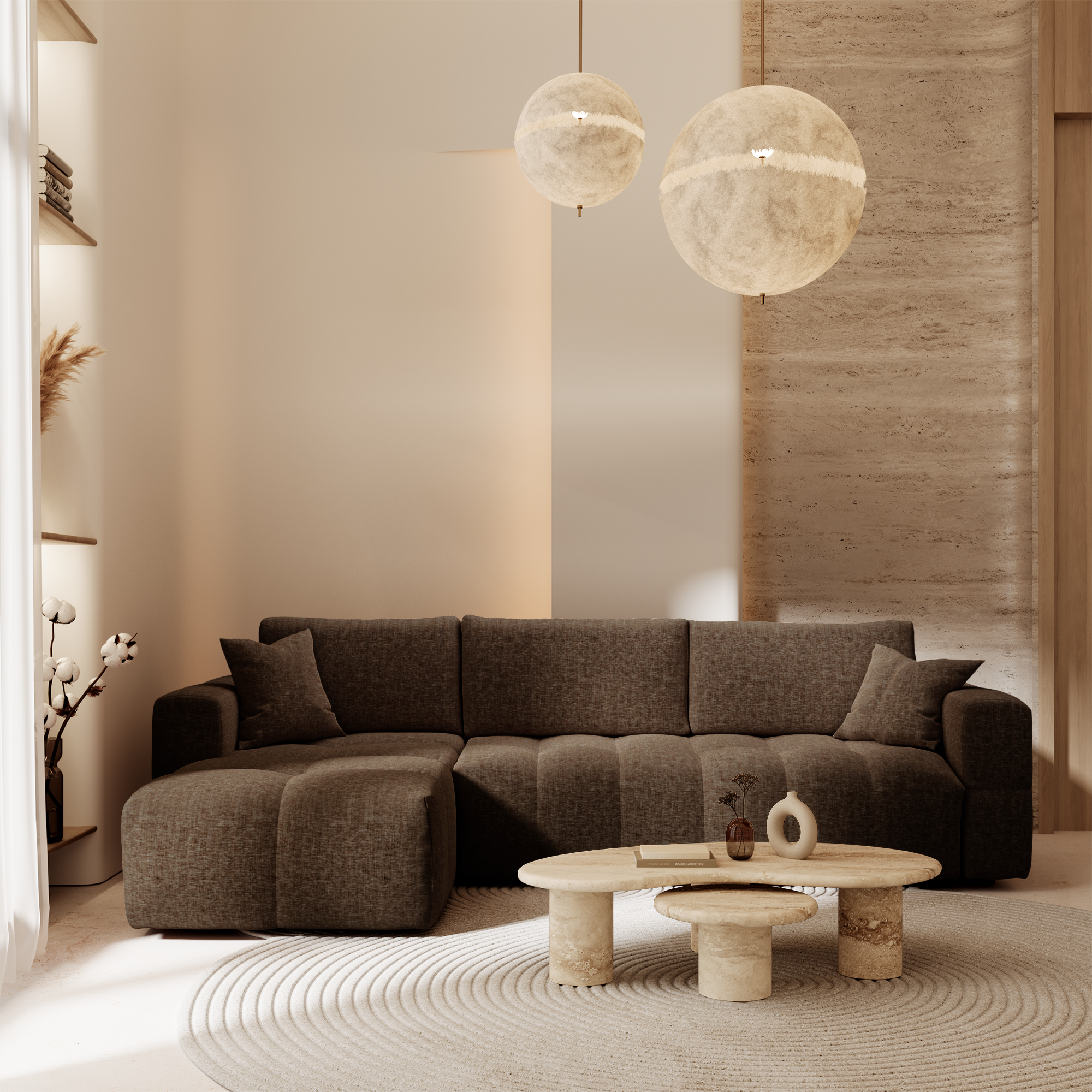 Canapé d'angle gauche dans un salon lumineux, à protéger en été avec des housses légères, un entretien régulier et une exposition maîtrisée