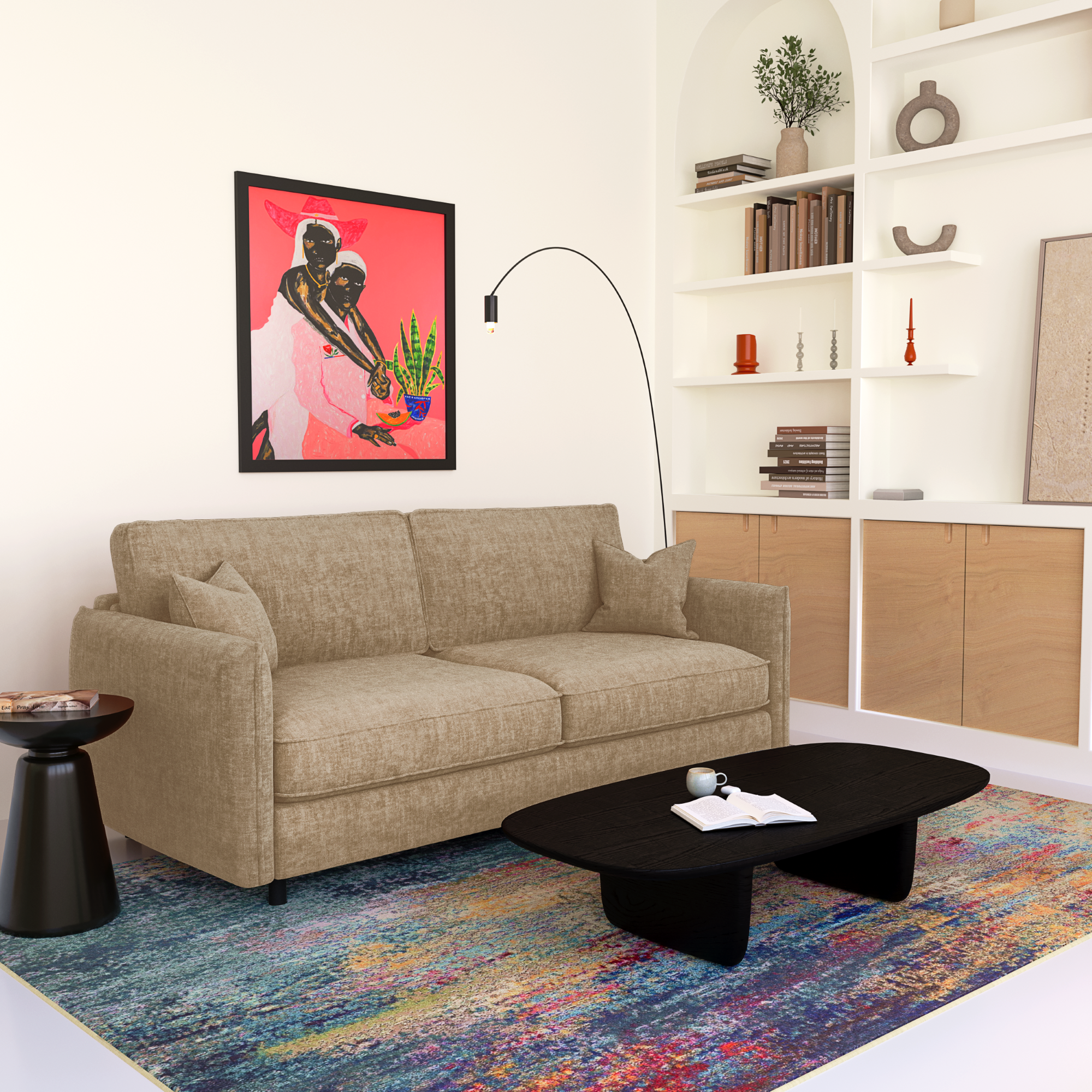 Canapé en tissu tramé beige dans un salon lumineux et raffiné, accompagné d’une table basse noire et d’un tapis coloré — un exemple d’intérieur élégant où un entretien soigné du canapé prolonge sa beauté et son confort