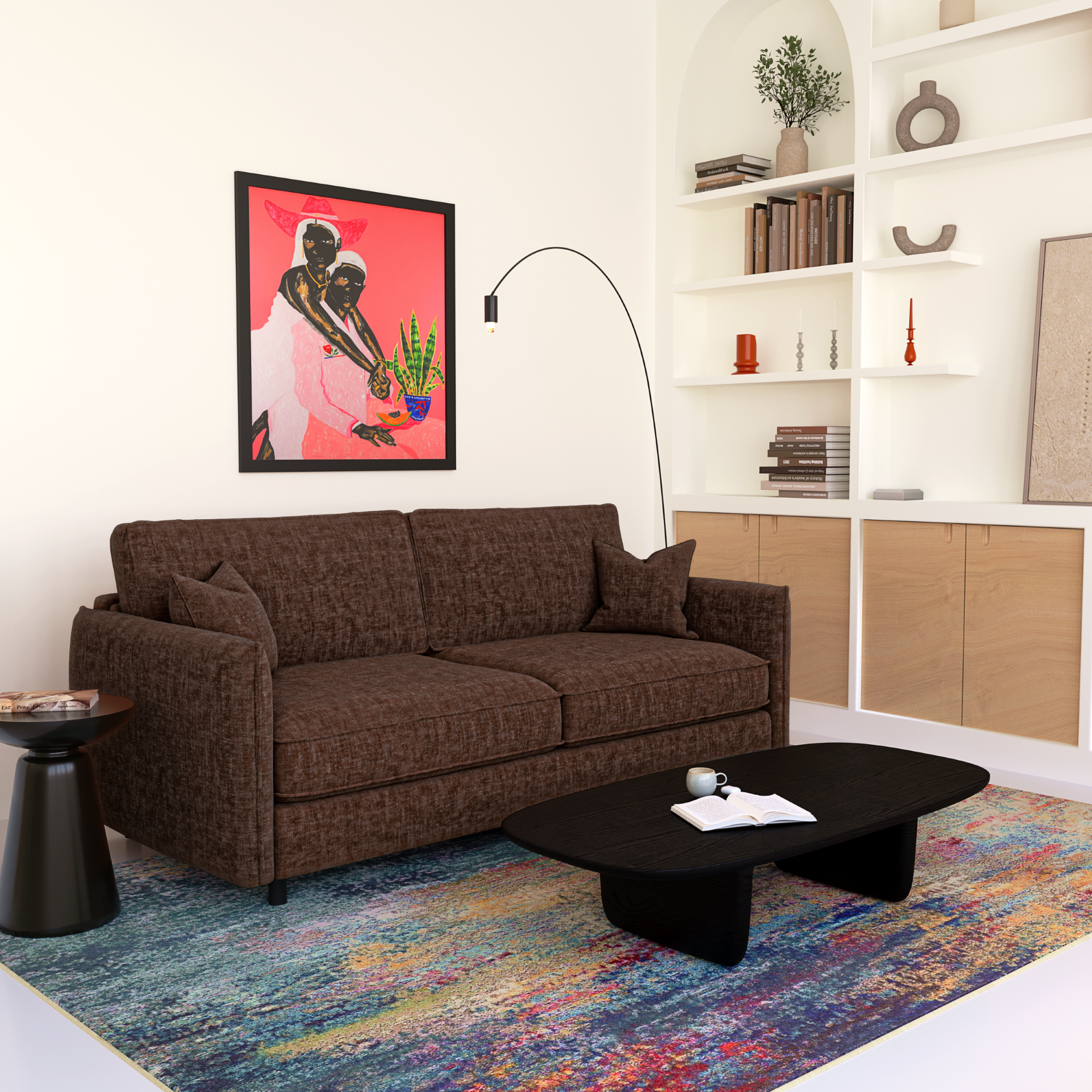 Petit salon optimisé avec un canapé convertible brun expresso, pour un style fonctionnel et harmonieux