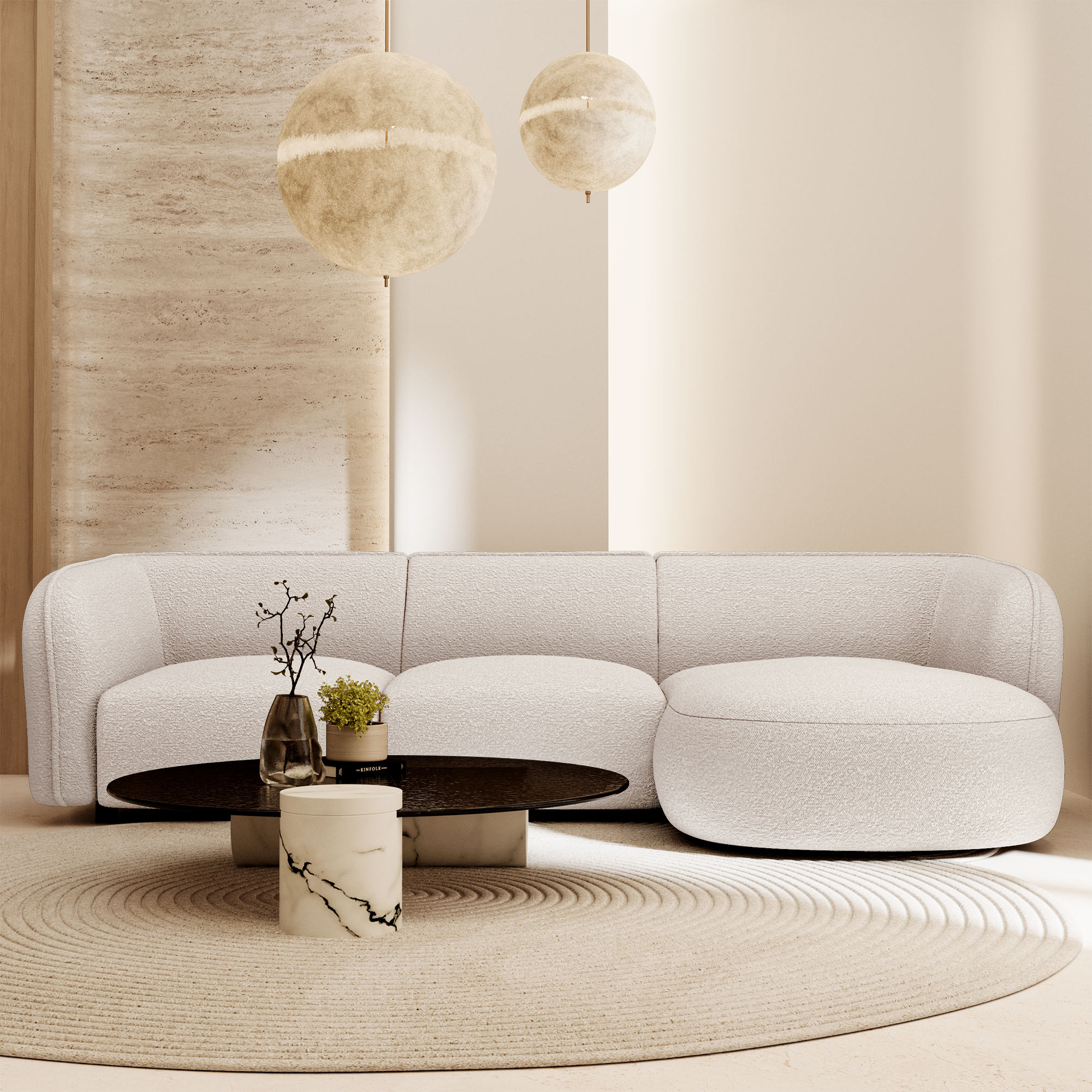 Canapé d'angle droit placé au centre d'un décor moderne lumineux