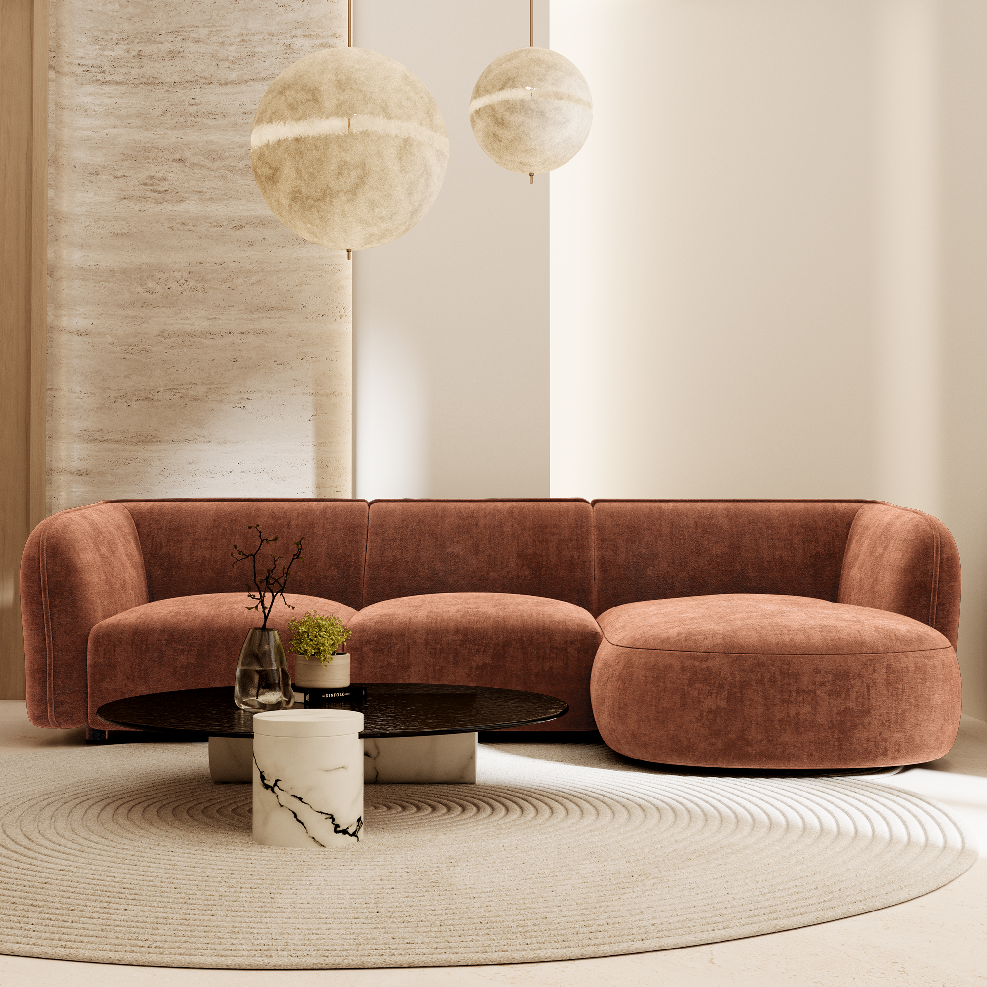 Canapé d'angle droit en velours gaufré terracotta dans un salon lumineux