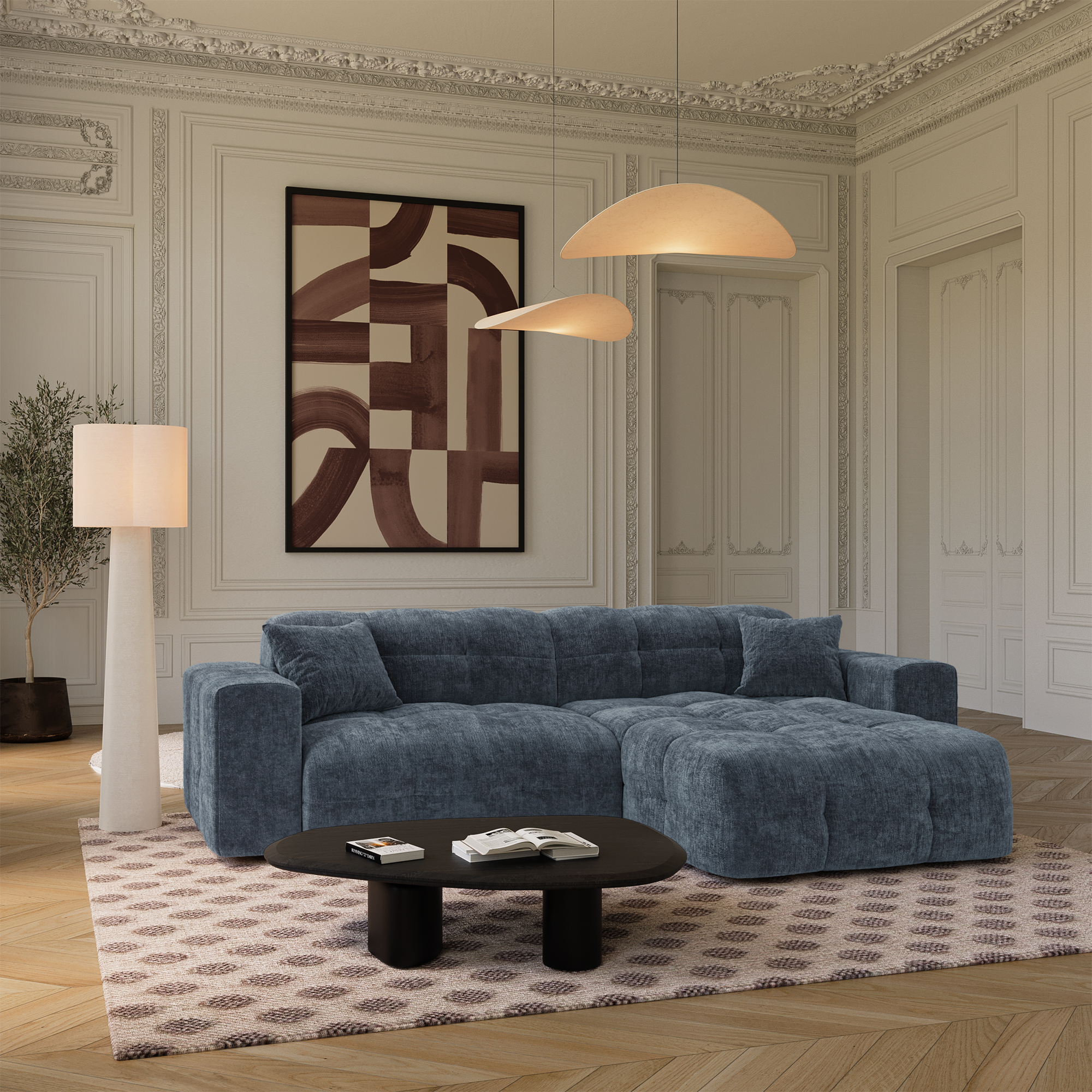 Canapé d'angle droit en velours gaufré bleu minéral dans un salon haussmannien, dimensionné pour structurer l'espace