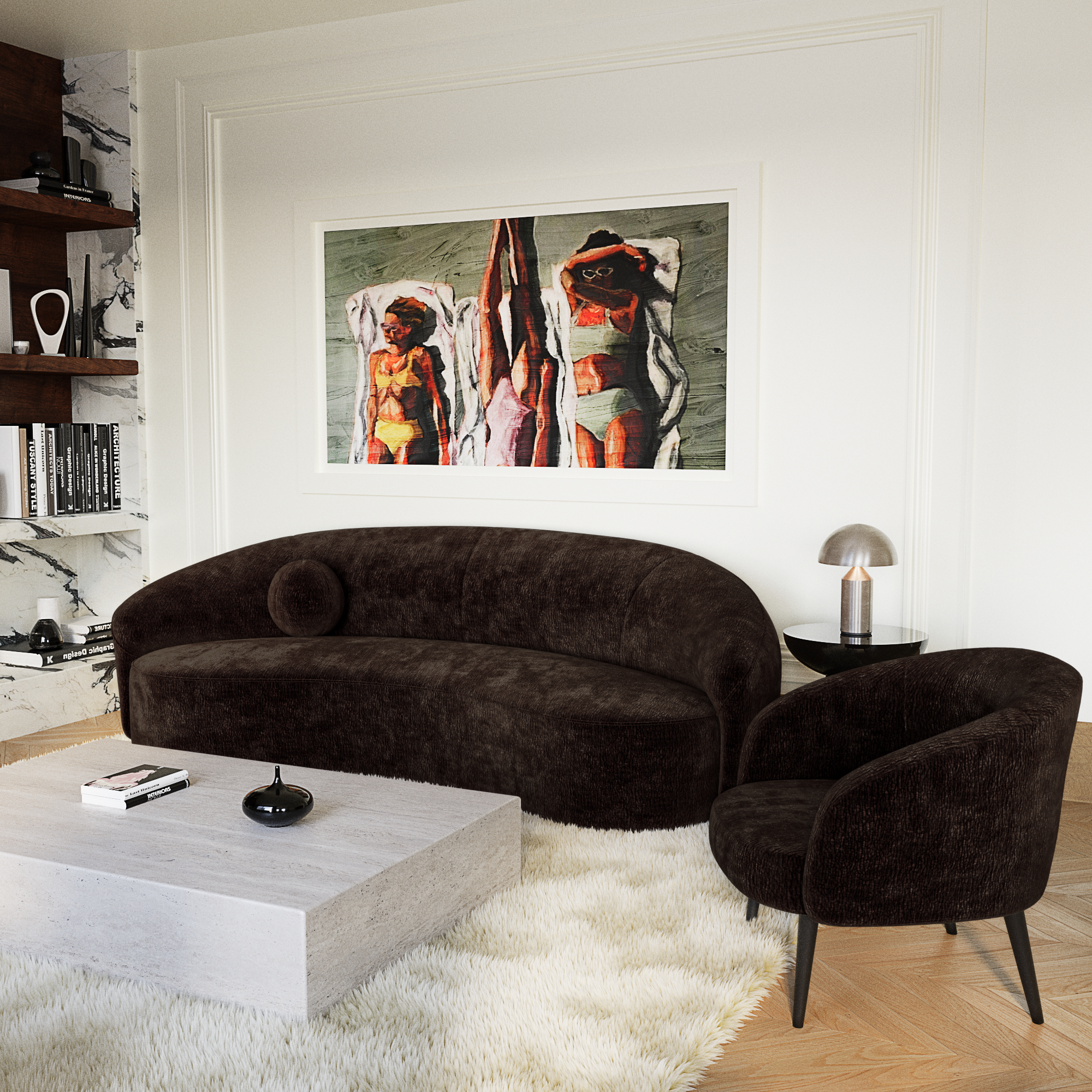 Salon design avec canapé et fauteuil en velours brun expresso, table en pierre claire, tapis écru et décoration murale esthétique