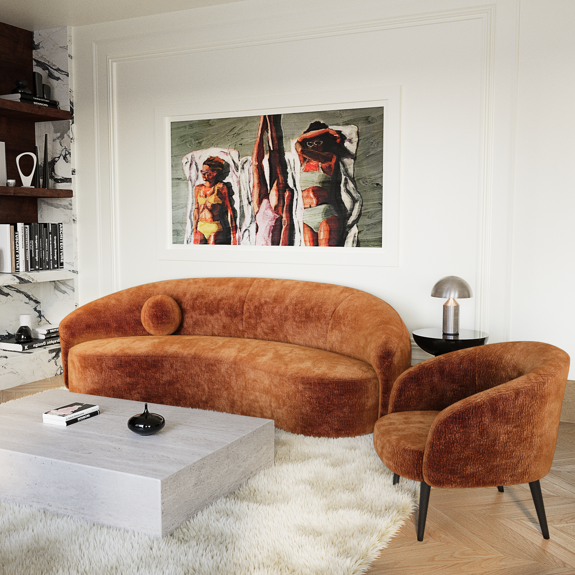 Salon tendances 2025 avec canapé haricot et fauteuil en velours terracotta, dans une déco arty contemporaine