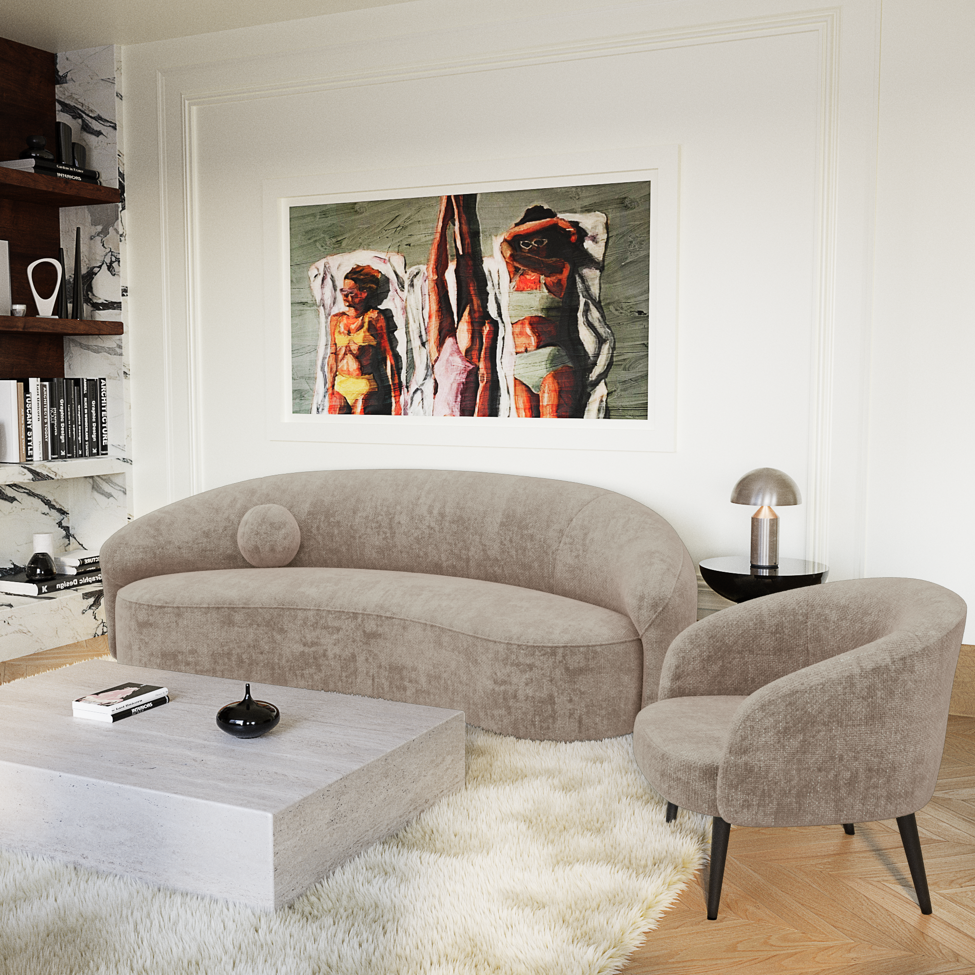 Fauteuil design beige assorti à un canapé contemporain dans un salon élégant, illustrant l’importance du choix d’un fauteuil adapté à l’espace et au style de la décoration intérieure