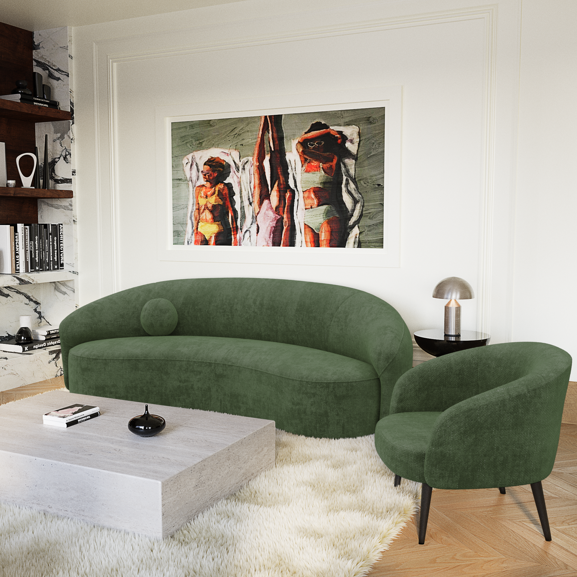 Fauteuil design vert olive assorti à un canapé contemporain dans un salon élégant, illustrant l’importance du choix d’un fauteuil adapté à l’espace et au style de la décoration intérieure