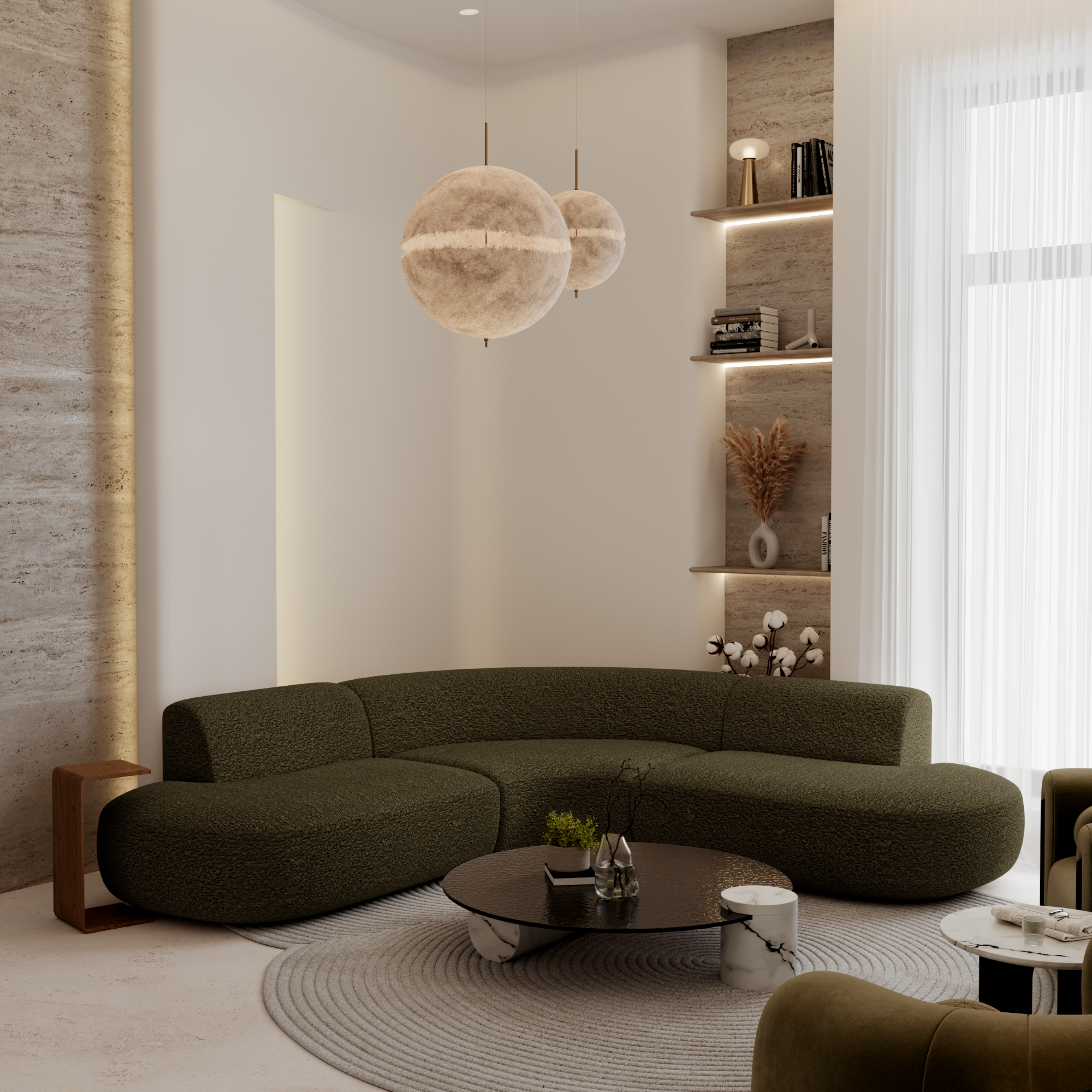 Salon au style moderne, avec un canapé grand angle vert olive, une table basse design et un éclairage suspendu, dans une ambiance épurée et lumineuse