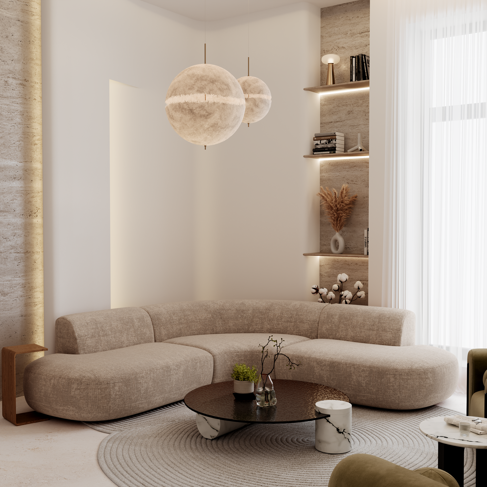 Canapé d'angle arrondi en velours gaufré taupe, parfaitement intégré dans un salon lumineux