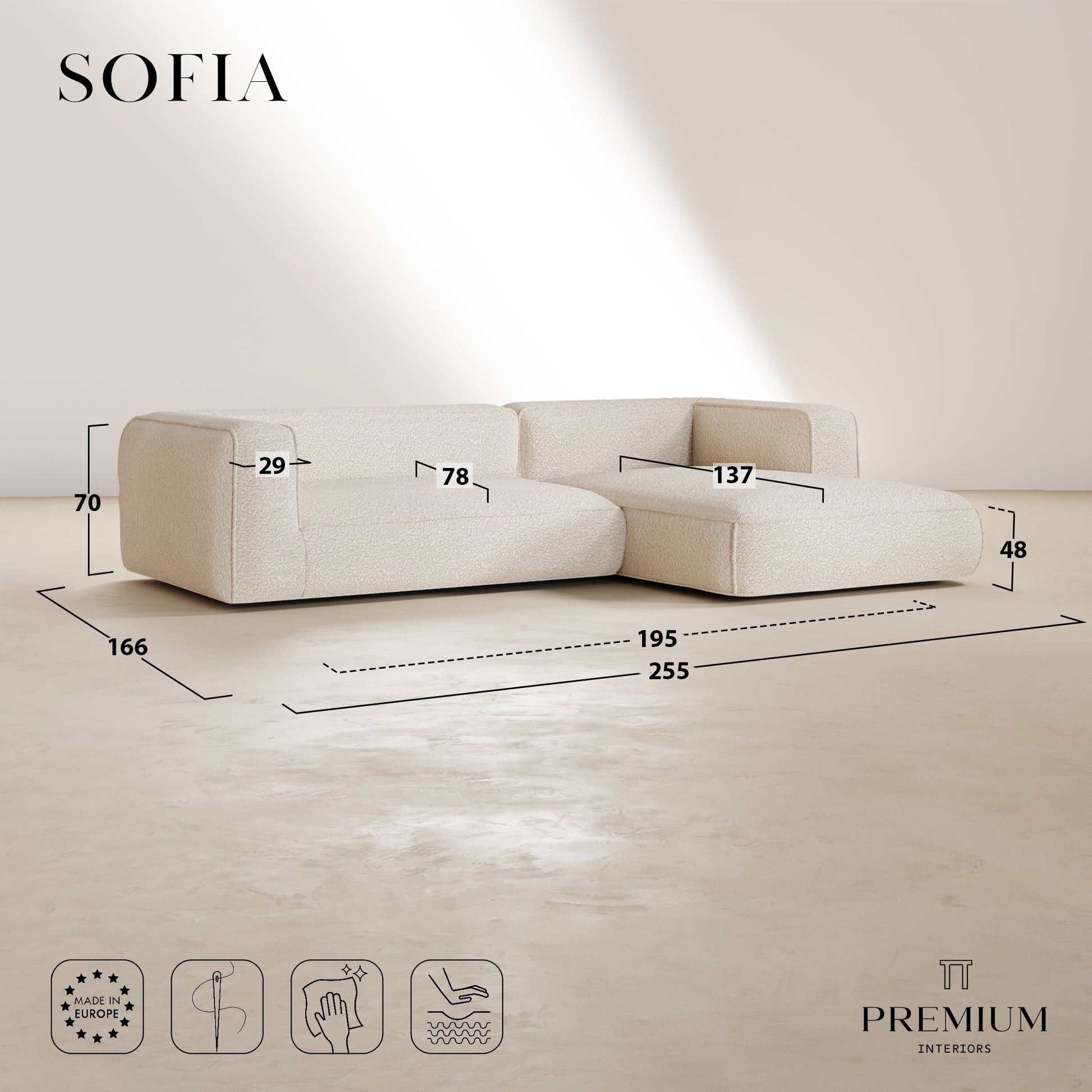 Dimensions du canapé d'angle droit SOFIA en tissu bouclette crème : 255 x 166 x 70 cm