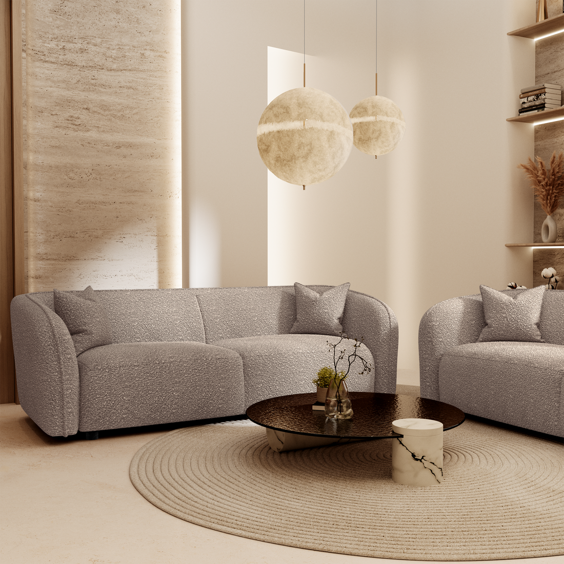 Canapé 3 places en tissu bouclette taupe dans un décor lumineux