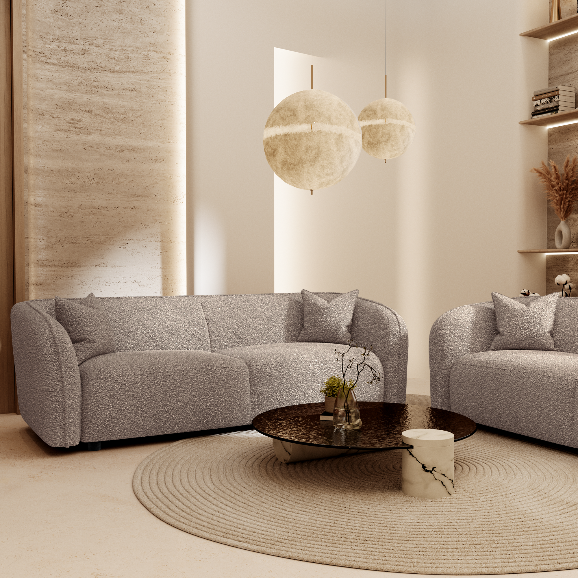 Canapé 3 places en tissu bouclette taupe dans un décor lumineux