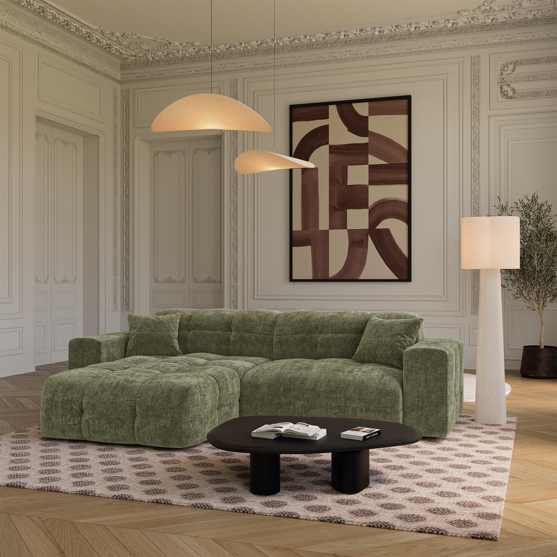 canapé d'angle gauche vert vintage premium interiors