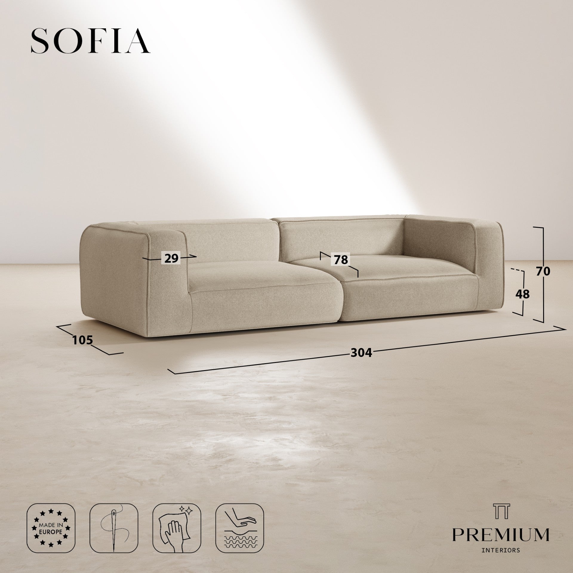 Dimensions du canapé 4 places SOFIA en tissu tramé gris : 304 x 105 x 70 cm