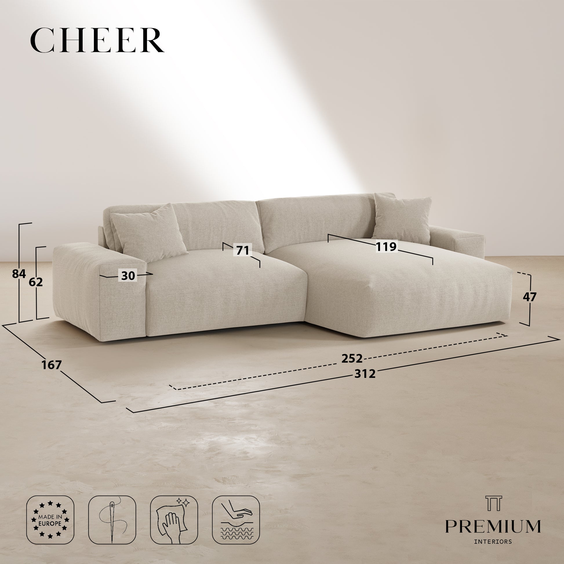 Dimensions du canapé d'angle droit CHEER en tissu tramé toucher doux beige : 312 x 167 x 84 cm